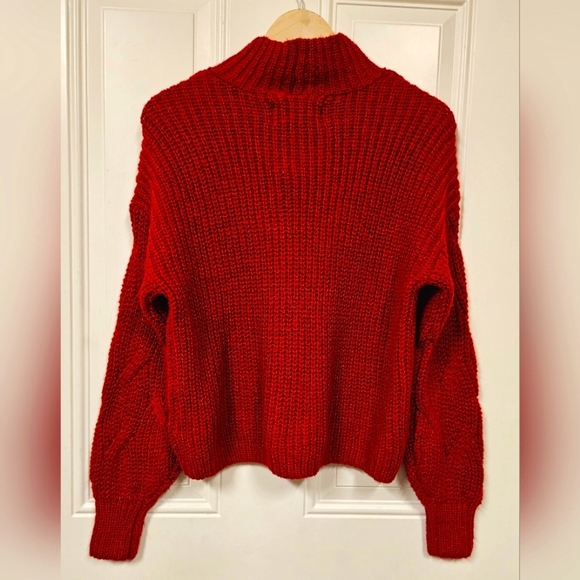 AE American Eagle Cable Knit Mock neck Red Sweater jumper Bishop sleeve size S - Picture 3 of 11